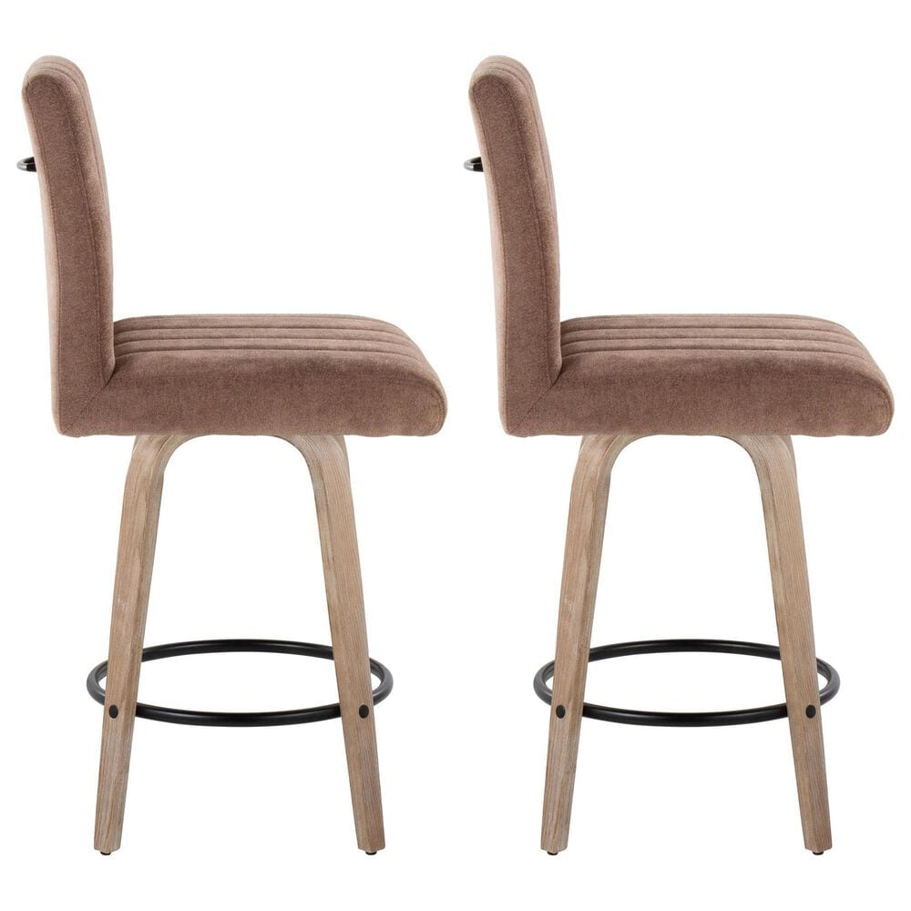 LumiSource Hank Swivel Counter Stool with Brown Fabric Upholstery in Whitewashed and Black (Set of 2), , large