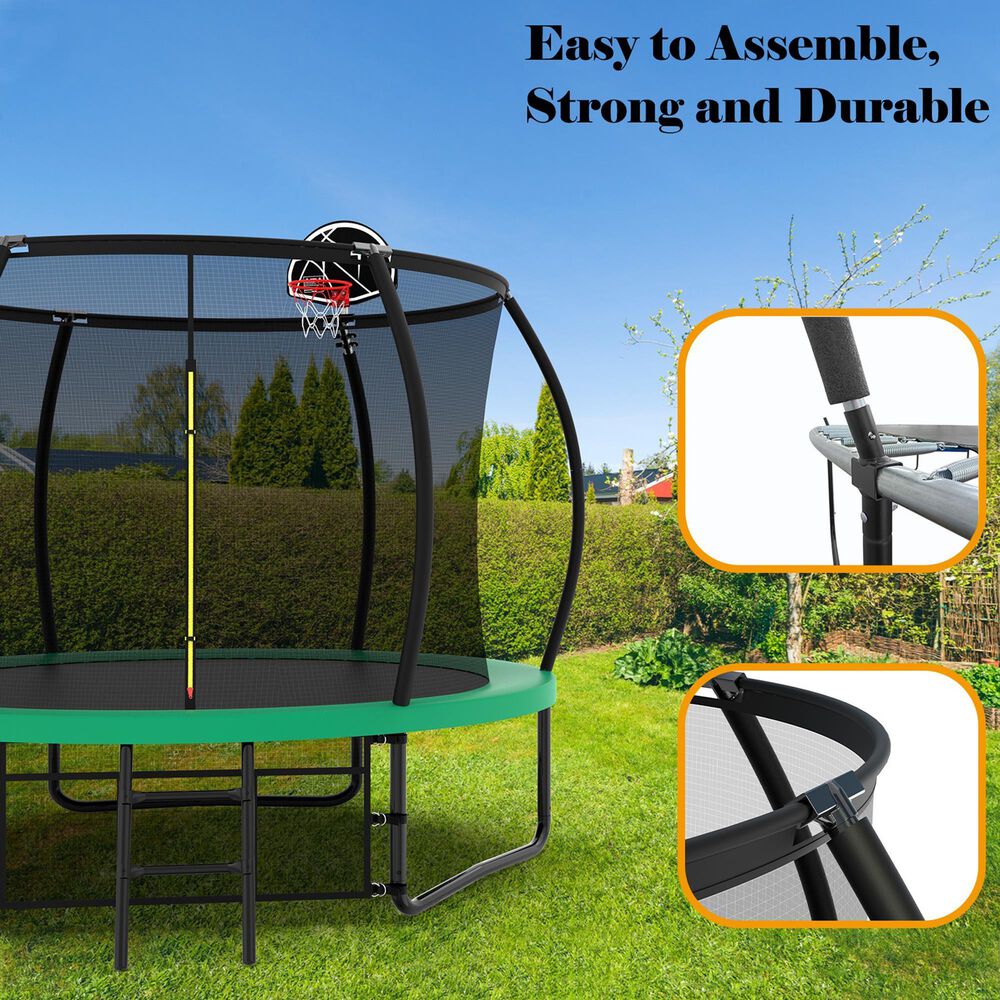 HOMLUX 10' Outdoor Trampoline with Basketball Hoop in Green, , large