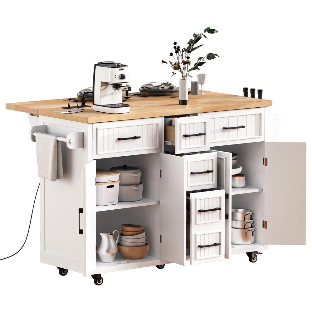 HOMLUX 56.5'' Kitchen Island with Drop Leaf in White and Natural, , large