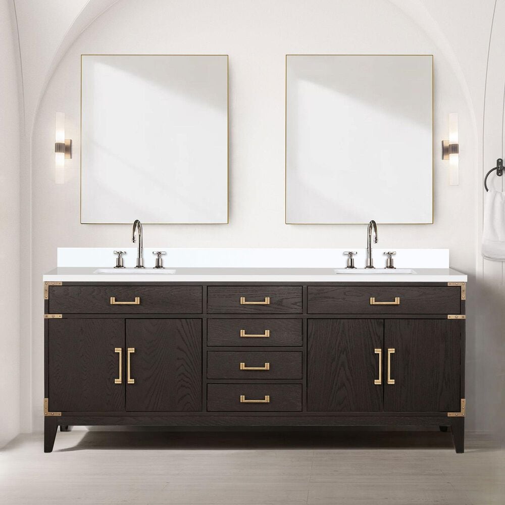 Lexora Home Laurel 80&quot; Double Bathroom Vanity in Brown Oak with White Quartz Top and Rectangular Sinks, , large