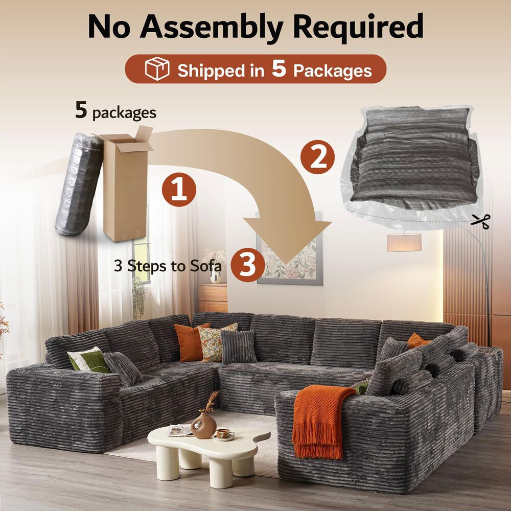 Noviland HOMLUX Modular Floor Sofa with Plush Corduroy, U-Shaped Sectional Couch with Chaise in Gray, , large