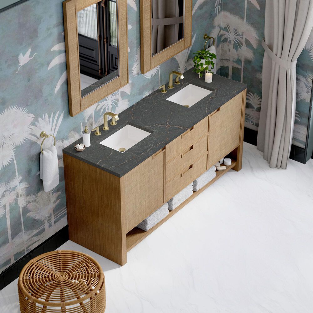 James Martin Vanities Solene 72" Double Bathroom Vanity in Seaside Oak with 3 cm Parisien Bleu Quartz Top, Rectangular Sinks and FreePower Wireless Charger, , large