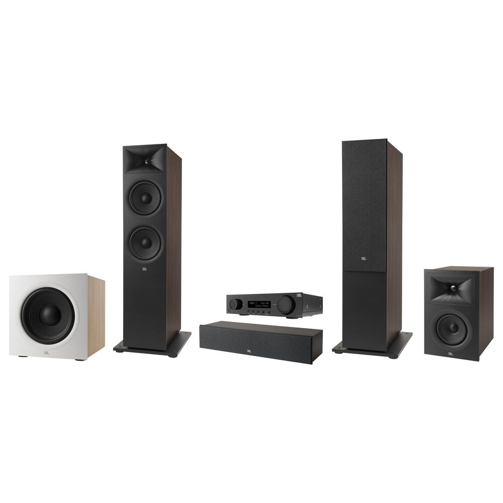 JBL 5.25 Bookshelf Loudspeaker + 8 Floorstanding Loudspeaker + 4.5 Center Channel Loudspeaker in Espresso + 12" Powered Subwoofer in Latte + 7.2 Channel AV 8K Receiver in Black, , large