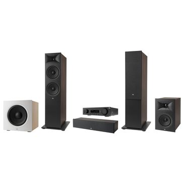 JBL 5.25 Bookshelf Loudspeaker + 8 Floorstanding Loudspeaker + 4.5 Center Channel Loudspeaker in Espresso + 12" Powered Subwoofer in Latte + 7.2 Channel AV 8K Receiver in Black, , large