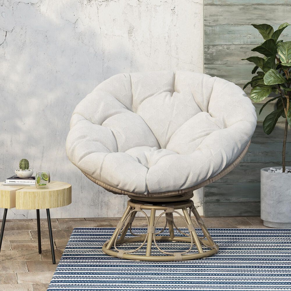 Hearth and Haven Mia Papasan Outdoor Swivel Chair with Beige Cushion in Brown, , large