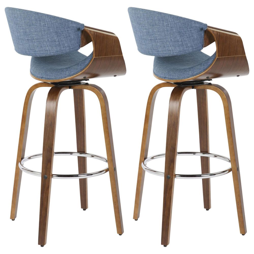 LumiSource Curvini 30" Swivel Barstool with Blue Upholstery in Walnut and Chrome (Set of 2), , large