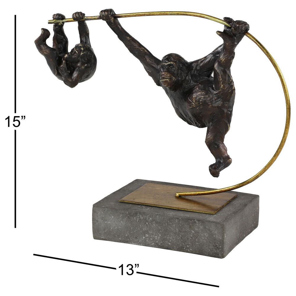 Maple and Jade 15&quot; Resin Ape Sculpture in Blackish-Brown, Gold and Dark Gray, , large