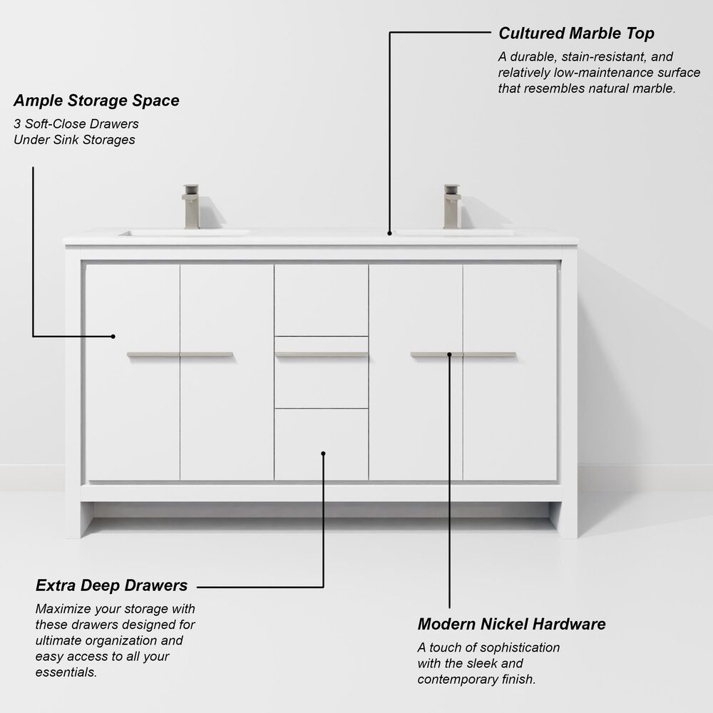 Lexora Home Lafarre 60" Double Bathroom Vanity in White with 2 cm White Cultured Marble Top and Rectangular Sinks, , large