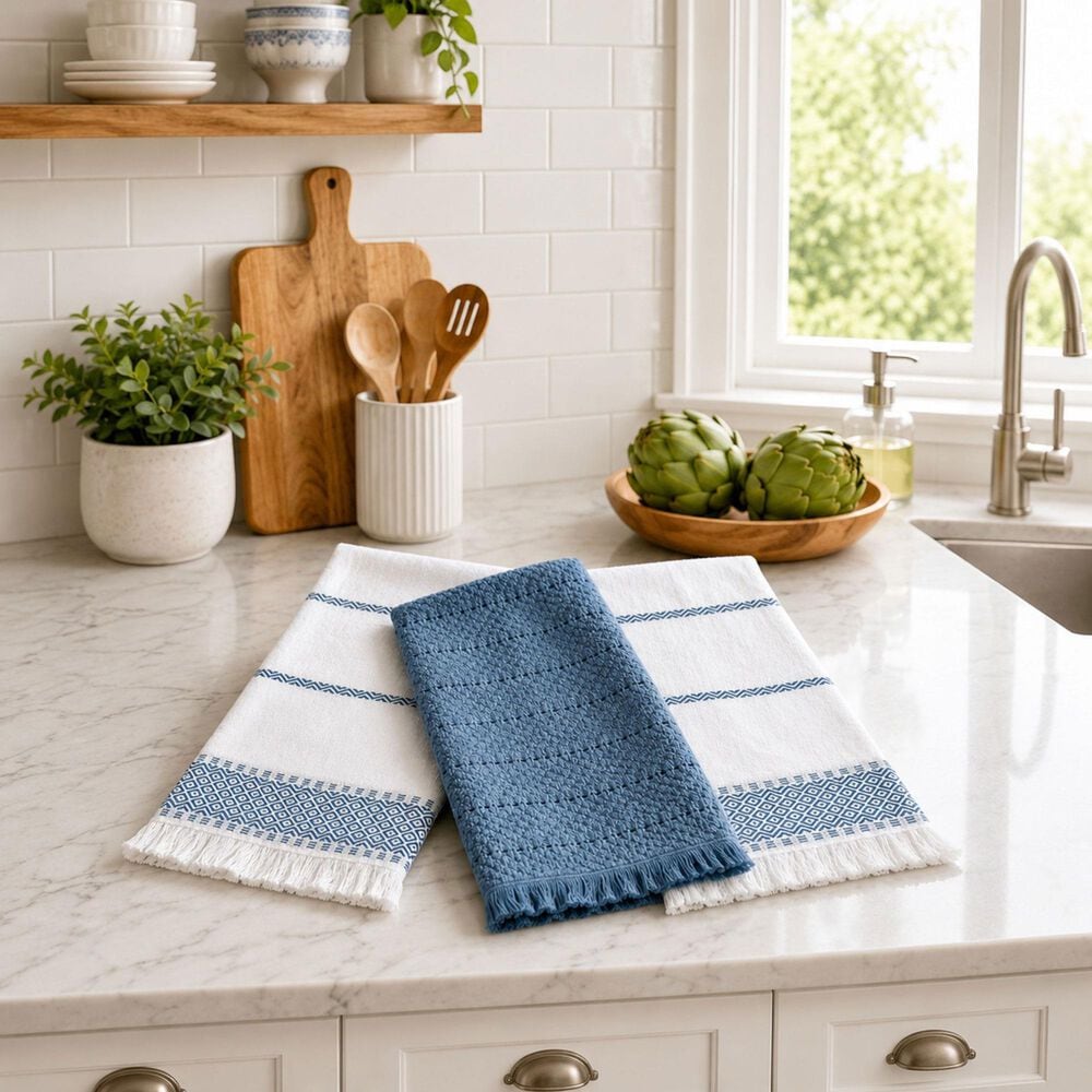 Willow &amp; Hem Waverly Turkish Cotton Kitchen Towel in Blue and White (Set of 3), , large