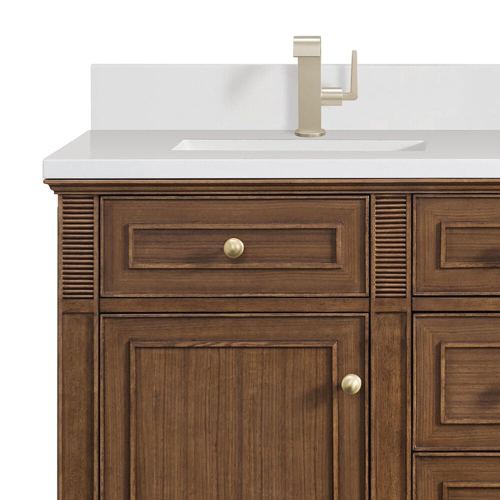 James Martin Vanities Lorelai 60&quot; Double Vanity in Mid-Century Walnut with Single Hole 3 Cm White Zeus Quartz Top &amp; Backsplash, , large