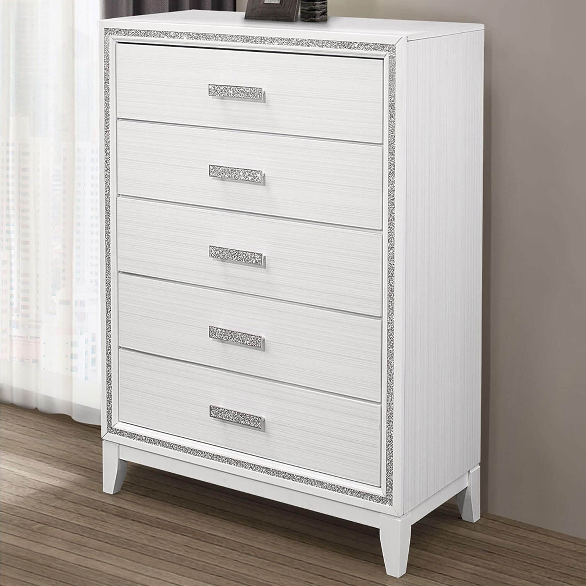 Global Furniture USA Lily 5-Drawer Chest in White and Glitter