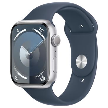 Apple Watch Series 9 GPS 45mm Silver Aluminum Case with Storm Blue Sport Band - S/M, , large