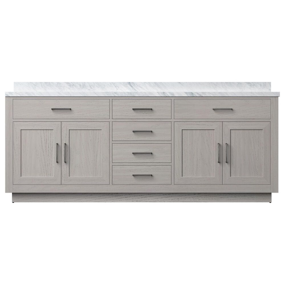 Lexora Home Abbey 84&quot; Double Bathroom Vanity in White Oak with 2 cm White Carrara Marble Top and Rectangular Sinks, , large