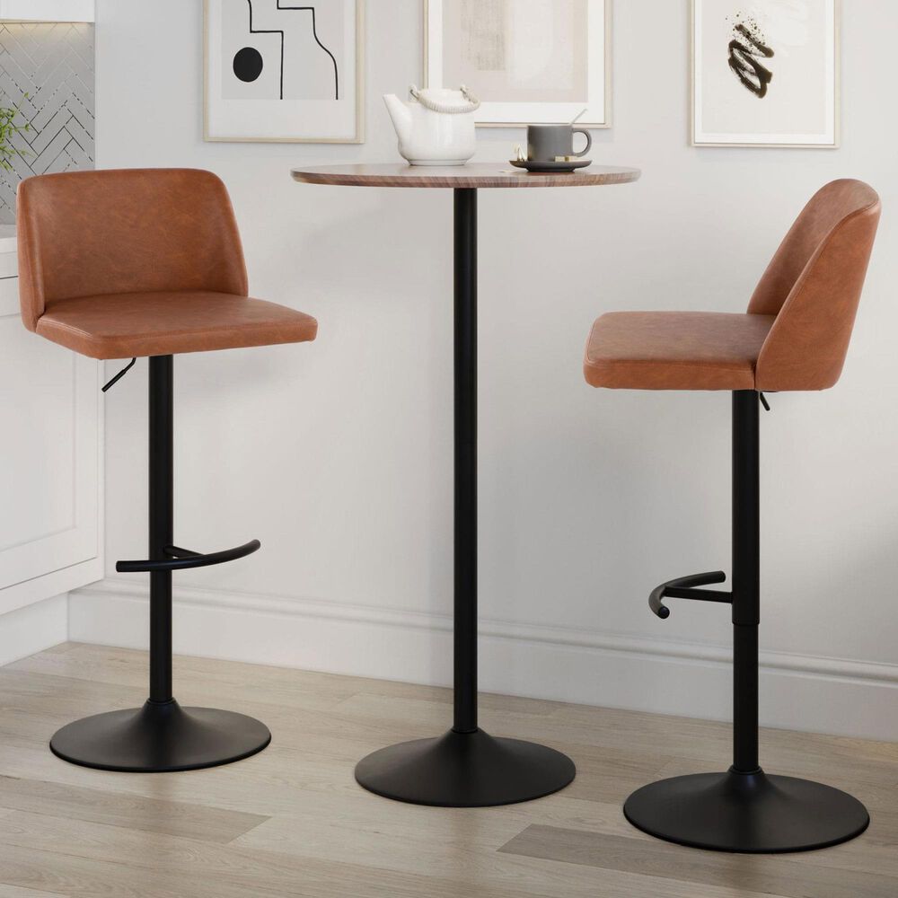 LumiSource Toriano Swivel Adjustable Bar Stool with Camel Faux Leather Upholstery in Black (Set of 2), , large