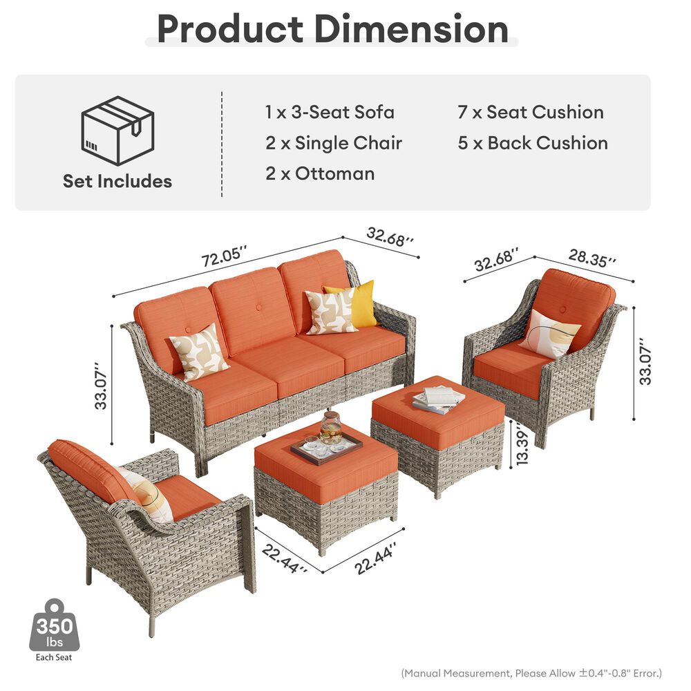 HOMLUX 5-Piece Patio Conversation Set with Two Ottomans in Orange Red, , large
