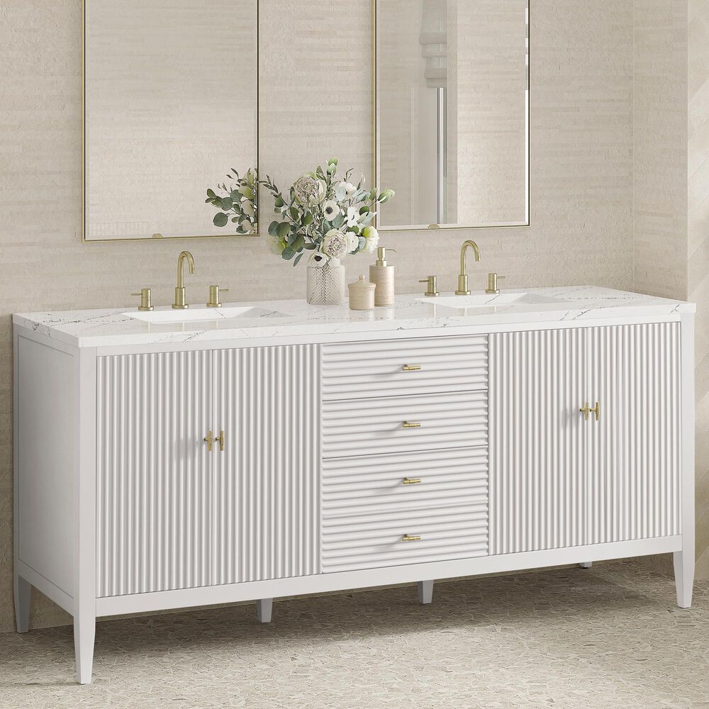 James Martin Vanities Myrrin 72&quot; Double Vanity in Bright White with 3 cm Ethereal Noctis Quartz Top, , large