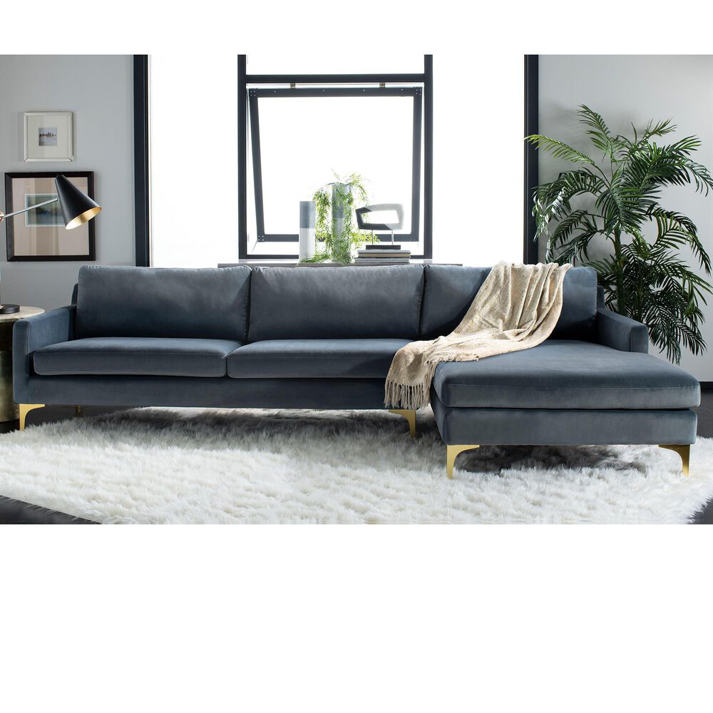 Safavieh Brayson Sectional Chaise Sofa in Dusty Blue Velvet, , large