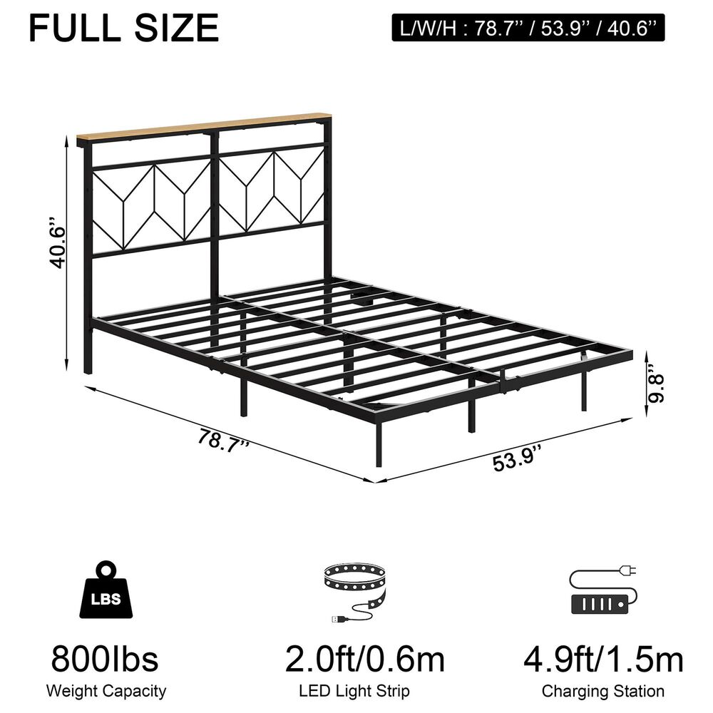 HOMLUX Full Floating Bed Frame with LED Headboard and Charging Station in Black, , large