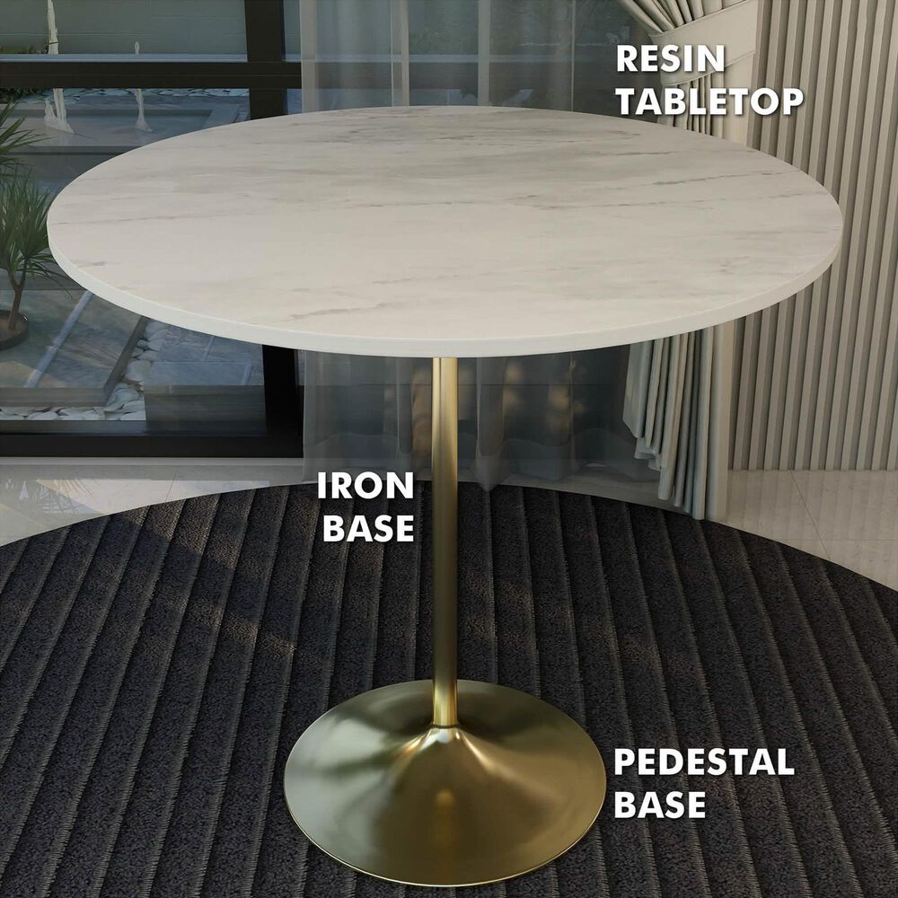 Leisuremod Verve 48&quot; Round Bar Height Dining Table with Resin Top in Brushed Gold and White - Table Only, , large