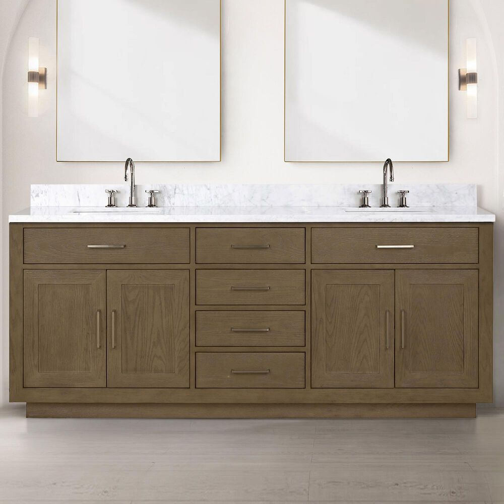 Lexora Home Abbey 80&quot; Double Bathroom Vanity in Grey Oak with 2 cm White Carrara Marble Top and Rectangular Sinks, , large