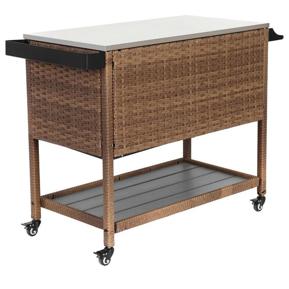Hearth and Haven Outdoor Wicker Bar Cart with Glass Top in Brown, , large
