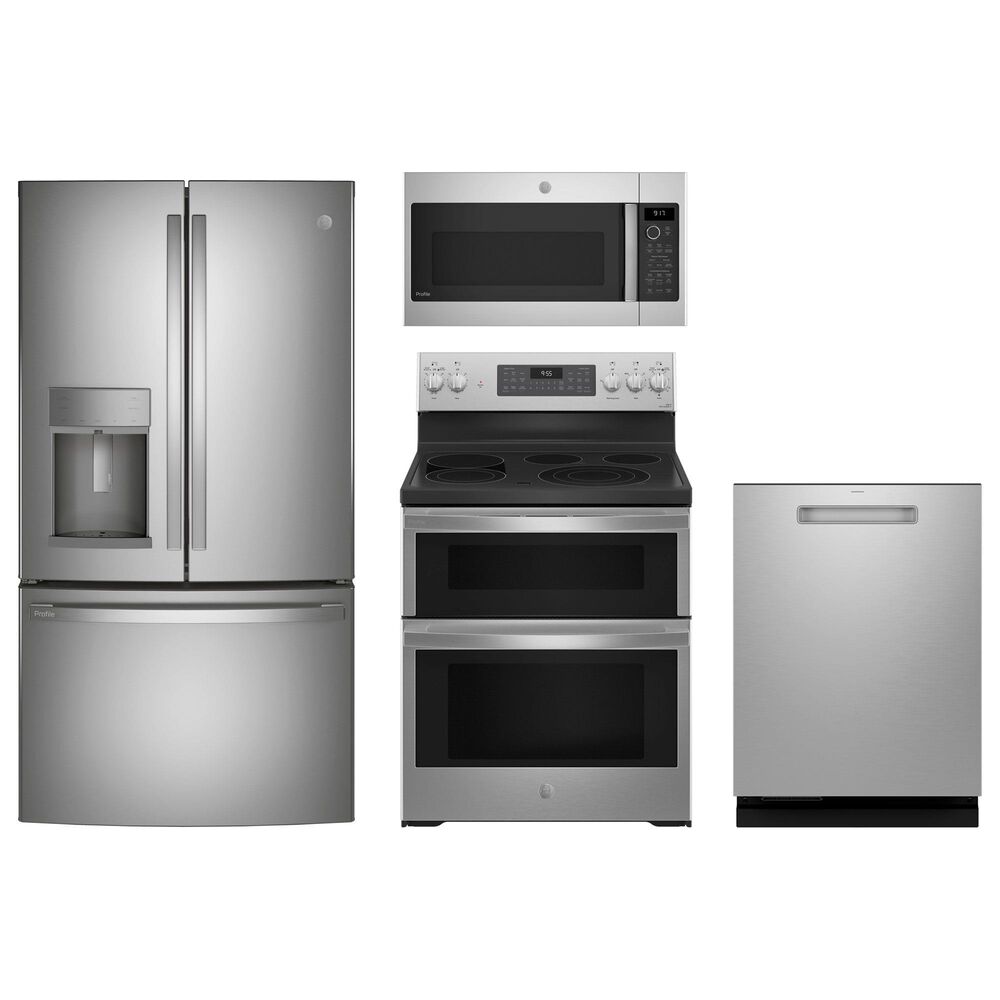 GE Profile 4pc Kitchen Package with Refrigerator, Range, Microwave, and Dishwasher in Stainless Steel, , large