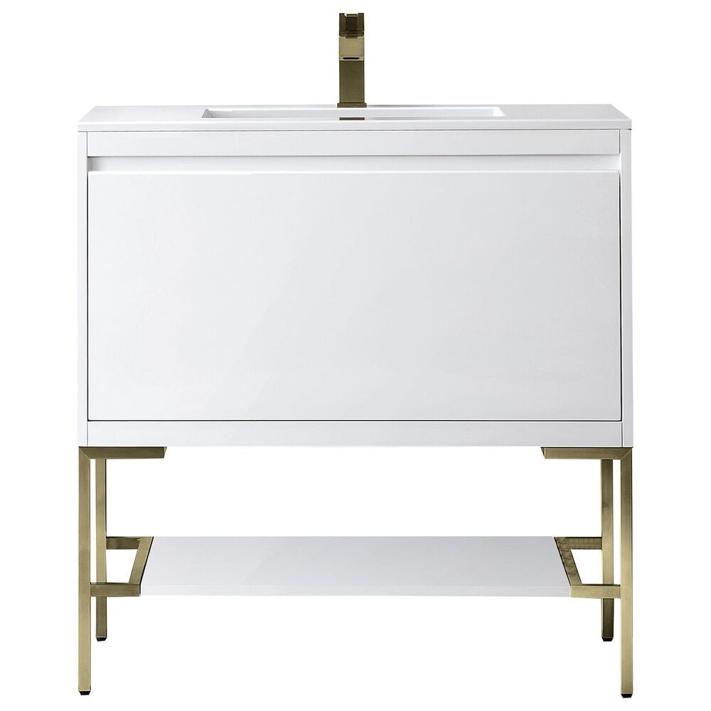 James Martin Mantova 35.4" Single Bathroom Vanity in Glossy White and Champagne Brass with 2 cm Glossy White Solid Surface Top and Rectangular Sink, , large