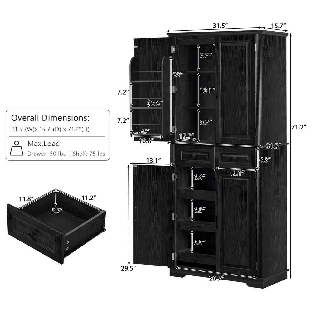 HOMLUX 71" Tall Kitchen Pantry Cabinet with 3 Pull Out Cabinet Organizers, Farmhouse Embossed Texture Storage Cabinet with 6 Door Shelves, 2 Drawers, Freestanding Cupboard for Kitchen, Dining Room Black, , large