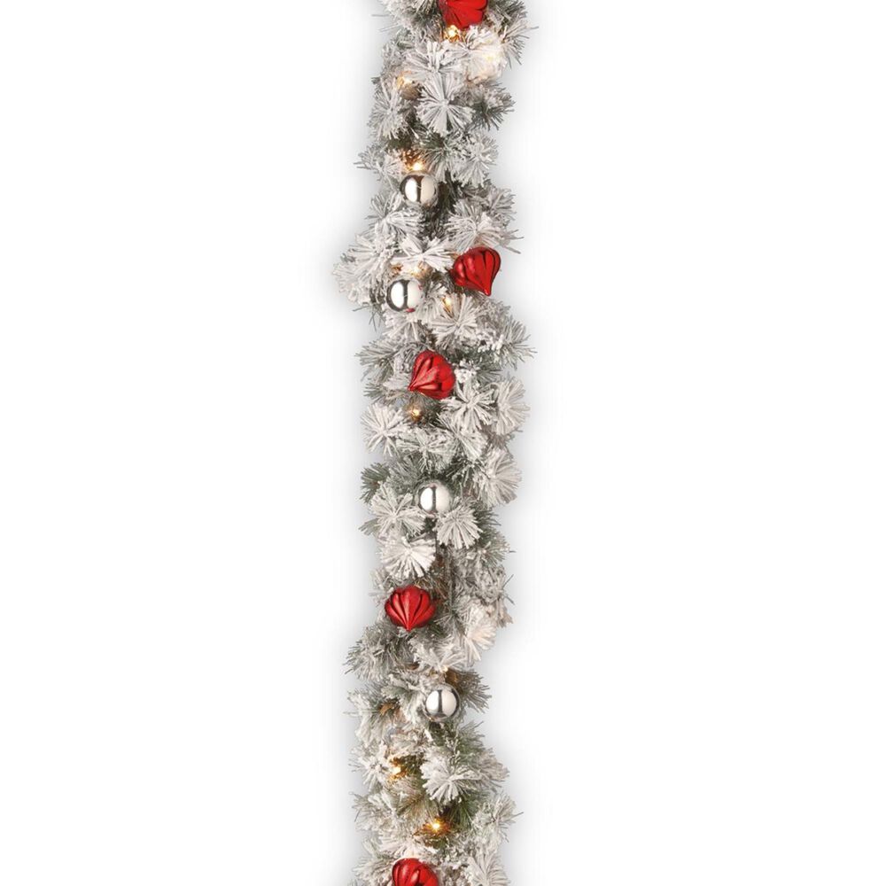 National Tree 9" Snowy Bristle Pine Garland with 70 UL White Lights, , large
