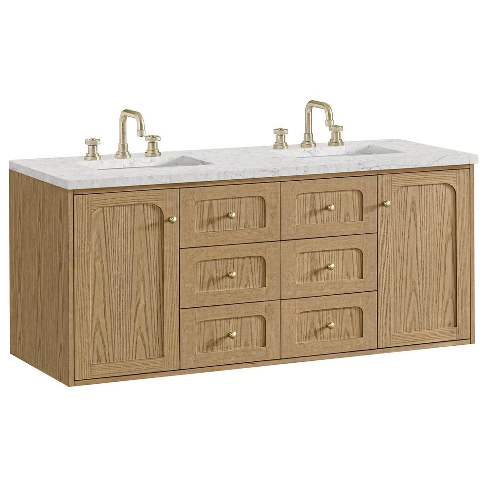 James Martin Vanities Laurent 60" Double Bathroom Vanity in Light Natural Oak with 3 cm Ethereal Noctis Silestone Top, Rectangular Sinks and FreePower Wireless Charger, , large