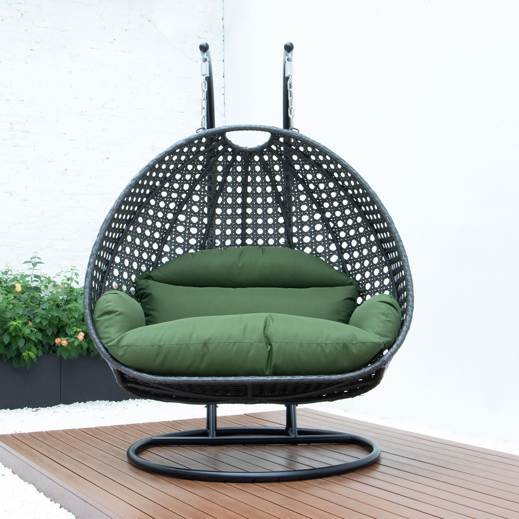Leisuremod Patio 2 Seat Hanging Egg Swing Chair with Dark Green Cushion in Charcoal NFM