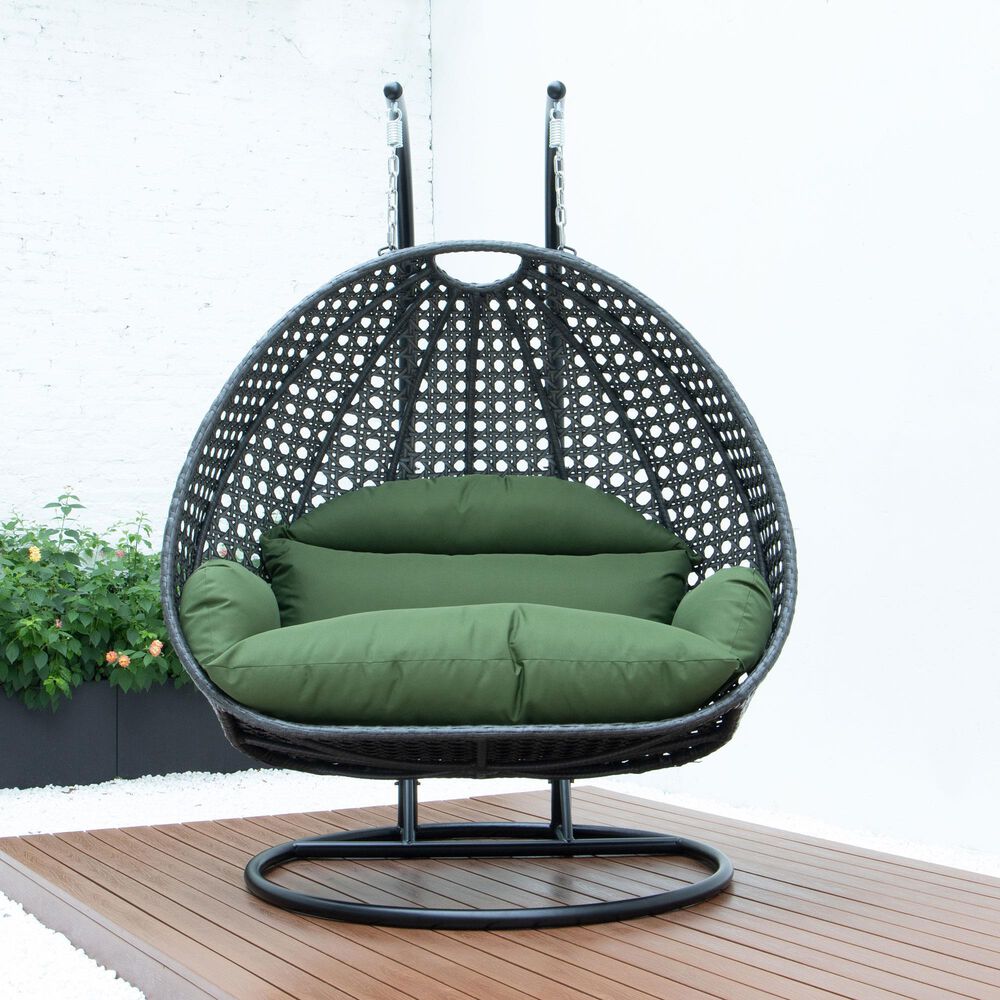 Leisuremod Patio 2-Seat Hanging Egg Swing Chair with Dark Green Cushion in Charcoal, , large