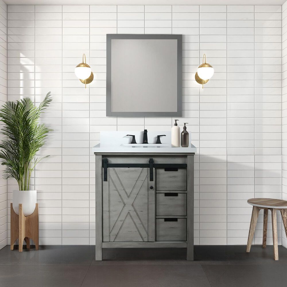 Lexora Home Marsyas 30&quot; Single Bathroom Vanity in Ash Grey with White Quartz Top and Rectangular Sink, , large