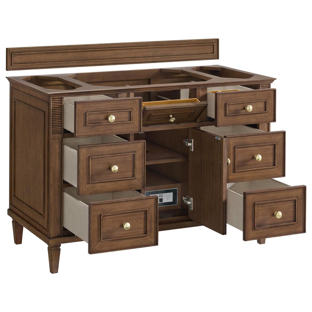 James Martin Vanities Lorelai 48&quot; Single Vanity in Mid-Century Walnut with Single Hole and 3 CM White Zeus Quartz Top &amp; Backsplash, , large