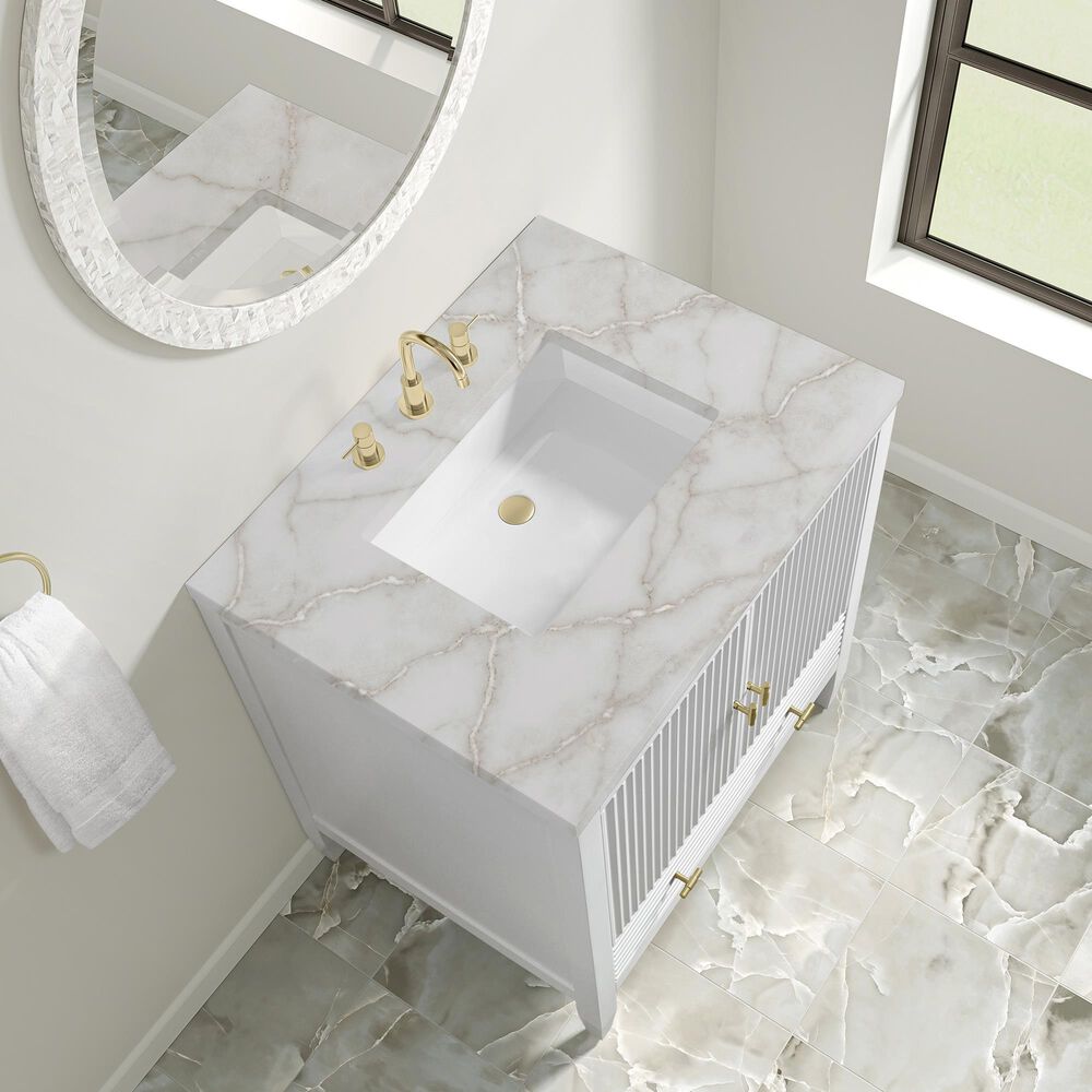 James Martin Myrrin 30" Single Bathroom Vanity in Bright White with 3 cm Victorian Silver Silestone Top and Rectangular Sink, , large