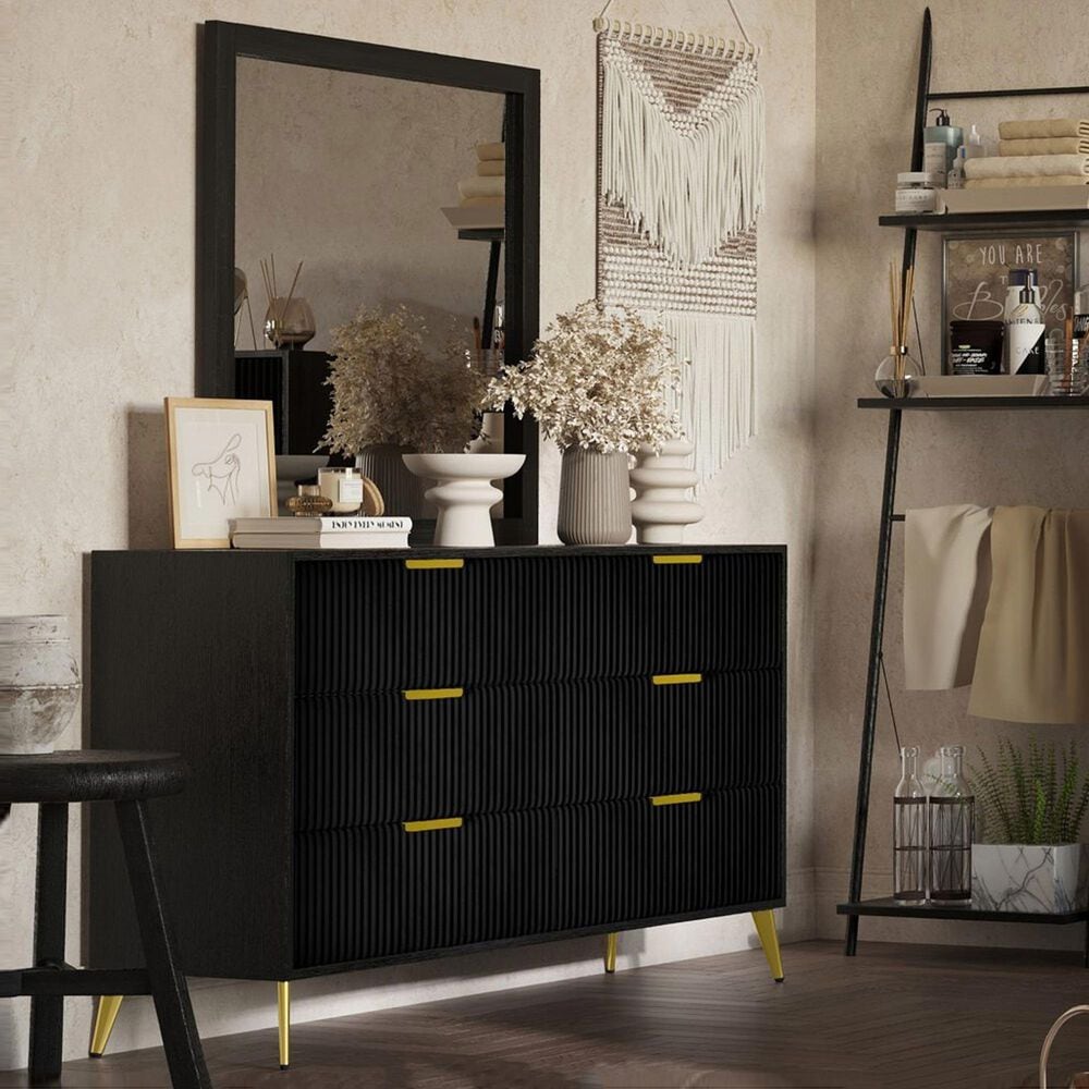 New Heritage Design Kailani 6-Drawer Dresser and Mirror in Black and Gold, , large