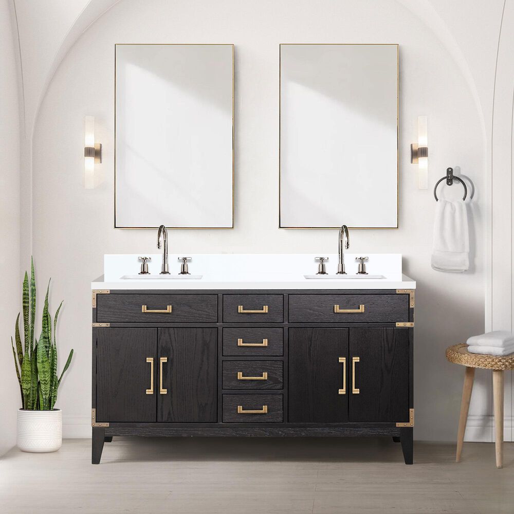 Lexora Home Laurel 60&quot; Double Bathroom Vanity in Black Oak with White Cultured Marble Top and Rectangular Sinks, , large