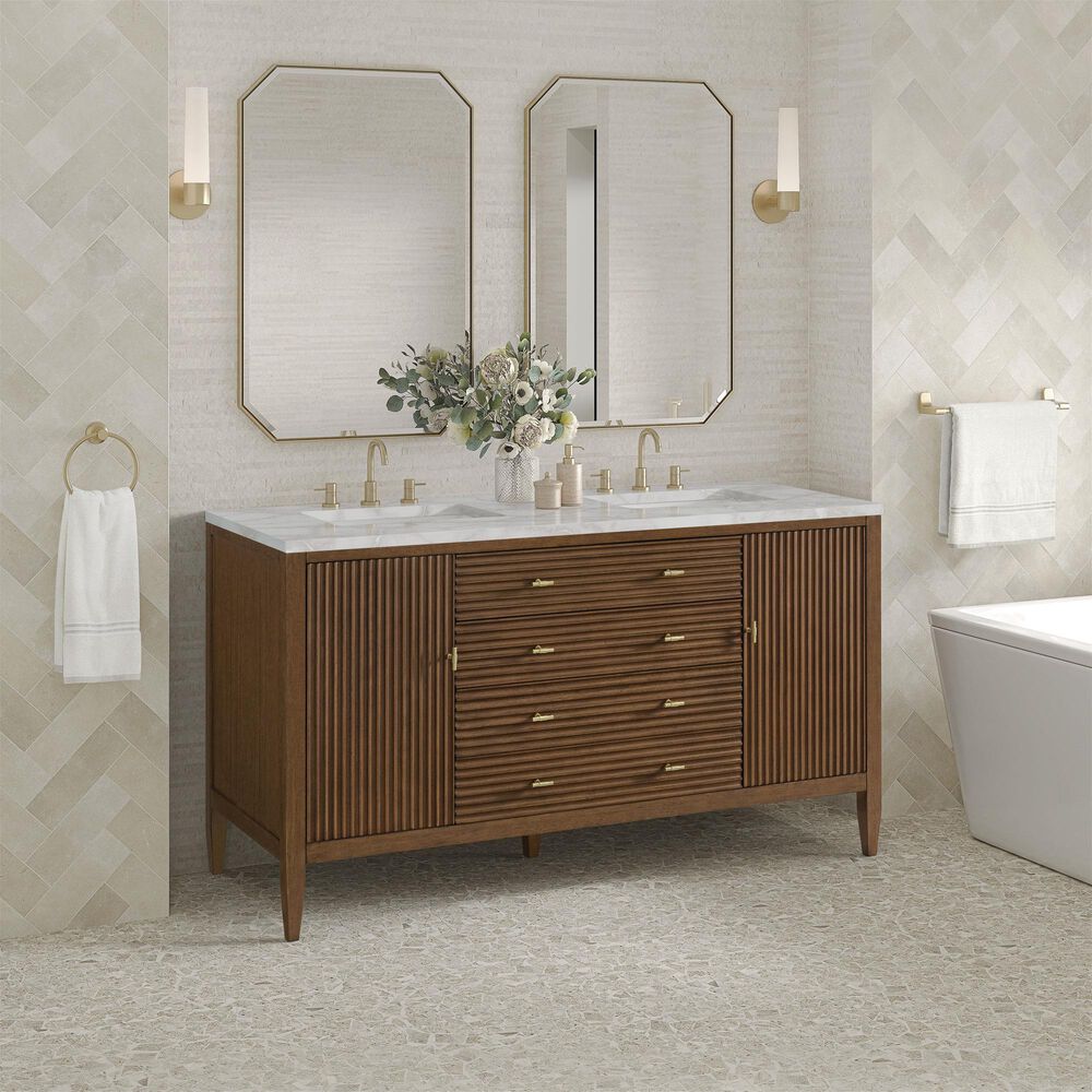 James Martin Vanities Myrrin 60" Double Bathroom Vanity in Mid-Century Walnut with 3 cm Eternal Jasmine Pearl Silestone Top, Rectangular Sinks and FreePower Wireless Charger, , large
