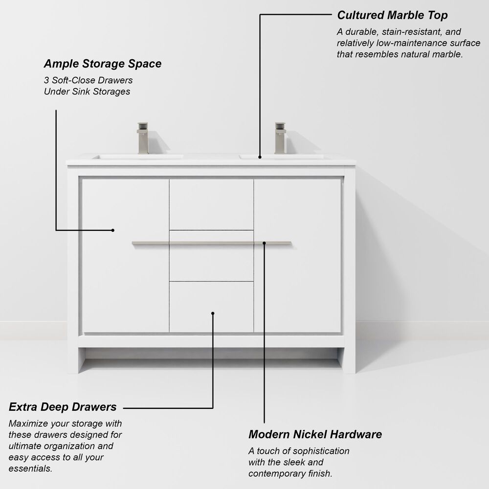Lexora Home Lafarre 48" Double Bathroom Vanity in White with 2 cm White Cultured Marble Top and Rectangular Sinks, , large