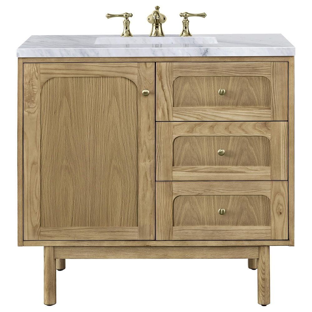 James Martin Vanities Laurent 36" Single Bathroom Vanity in Light Natural Oak with 3 cm Carrara White Marble Top and Rectangular Sink, , large