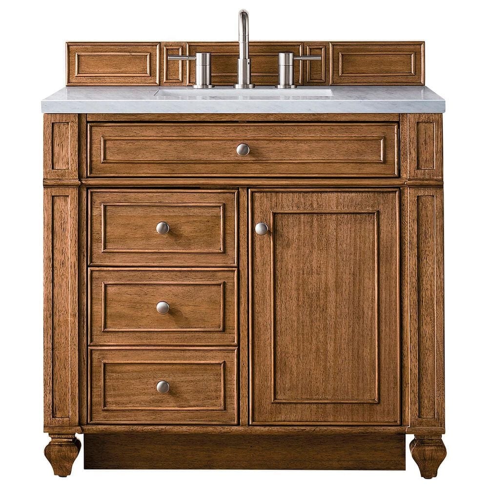 James Martin Vanities Bristol 36" Single Bathroom Vanity in Saddle Brown with 3 cm Eternal Jasmine Pearl Quartz Top and Rectangular Sink, , large