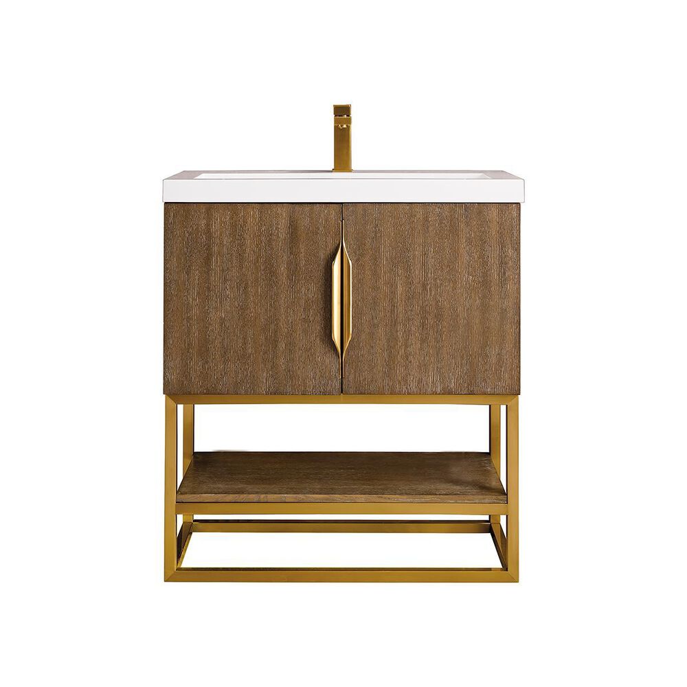 James Martin Columbia 31.5" Single Vanity Cabinet in Latte Oak, Radiant Gold, with White Glossy Solid Surface Top, , large