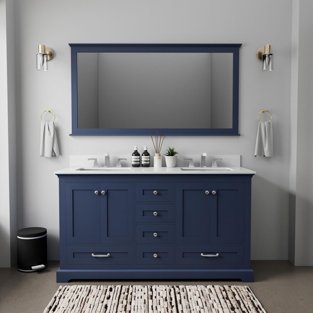 Lexora Home Dukes 60" Double Bathroom Vanity in Navy Blue with 2 cm White Cultured Marble Top and Rectangular Sinks, , large