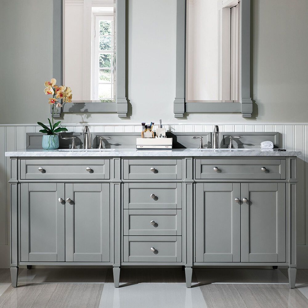 James Martin Vanities Brittany 72&quot; Double Bathroom Vanity in Urban Gray with 3 cm Carrara White Marble Top and Rectangle Sinks, , large