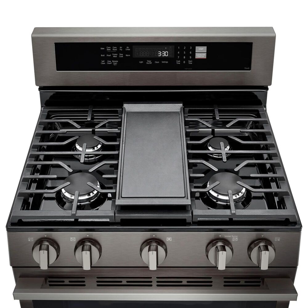 LG 2-Piece Kitchen Package with 6.3 Cu. Ft. Smart Freestanding Gas Range and 2.1 Cu. Ft. Smart Over-the-Range Microwave in Black Stainless Steel, , large