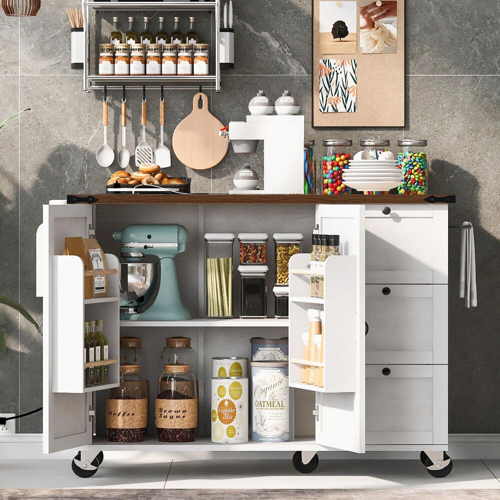 HOMLUX 55" Farmhouse Kitchen Island with Power Outlet in White, , large