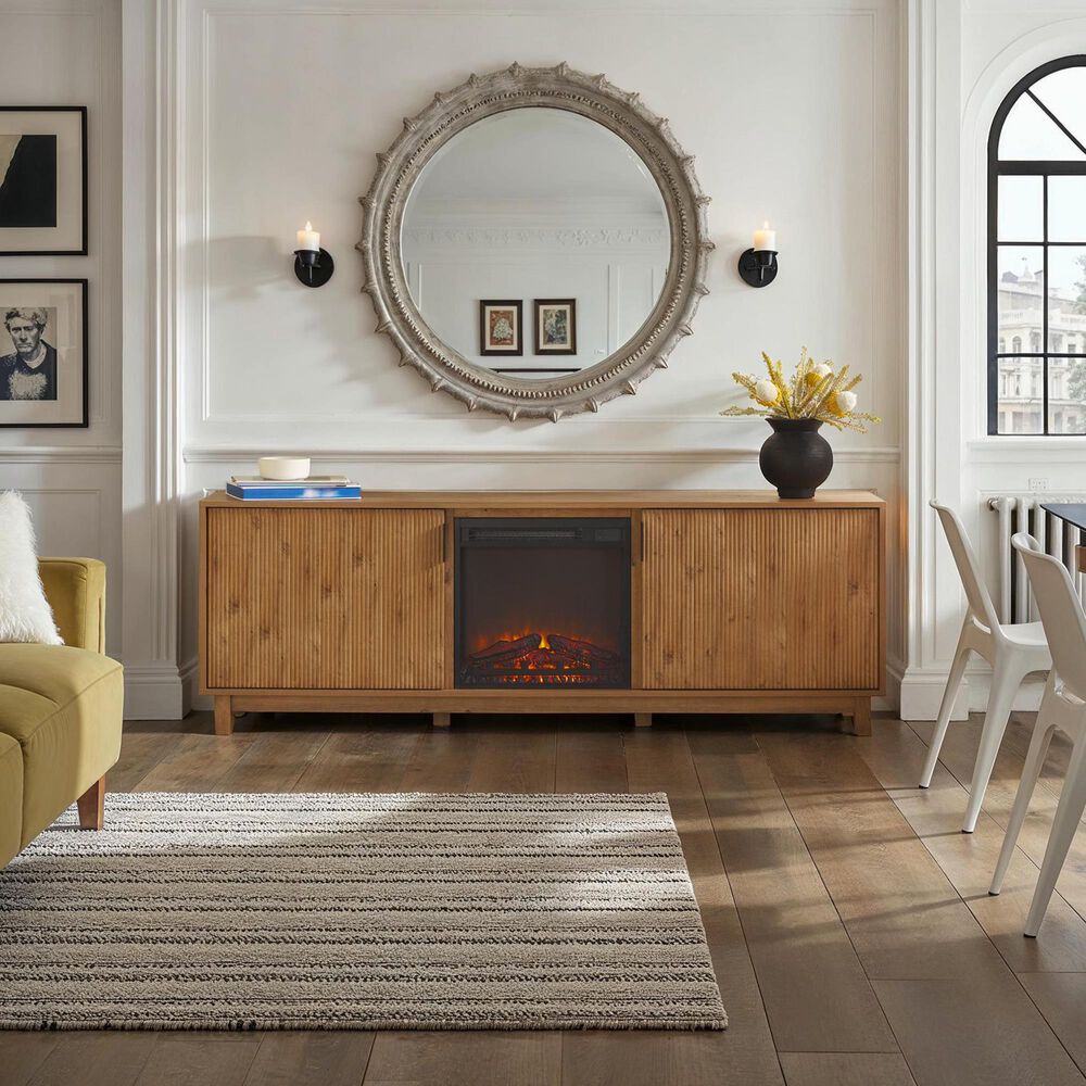 Walker Edison Arundo 70&quot; TV Stand with Freestanding Electric Fireplace in English Oak, , large