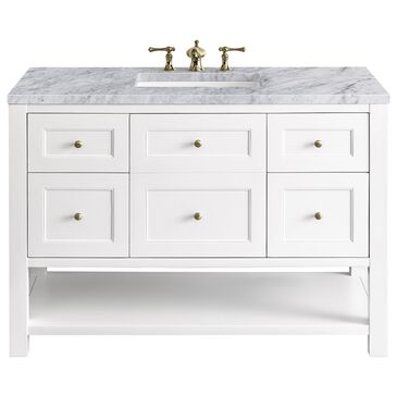 James Martin Breckenridge 48" Single Bathroom Vanity in Bright White with 3 cm Carrara White Marble Top and Rectangular Sink, , large