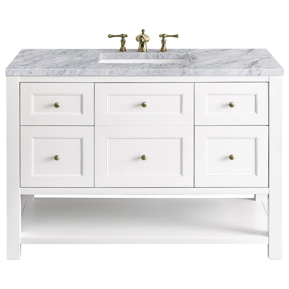 James Martin Breckenridge 48" Single Bathroom Vanity in Bright White with 3 cm Carrara White Marble Top and Rectangular Sink, , large