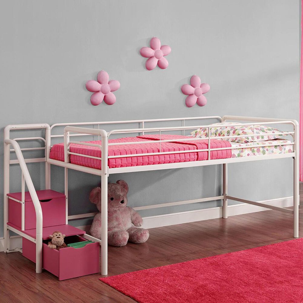 DHP Andy Junior Twin Loft Bed with Storage Steps in White, , large
